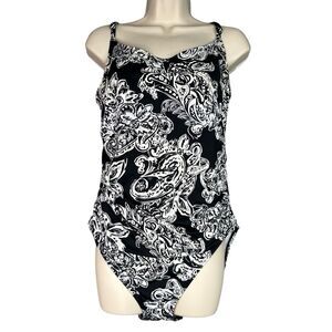 Lauren Ralph Lauren One Piece Swimsuit Black White Floral Size‎ 16 Beach Summer